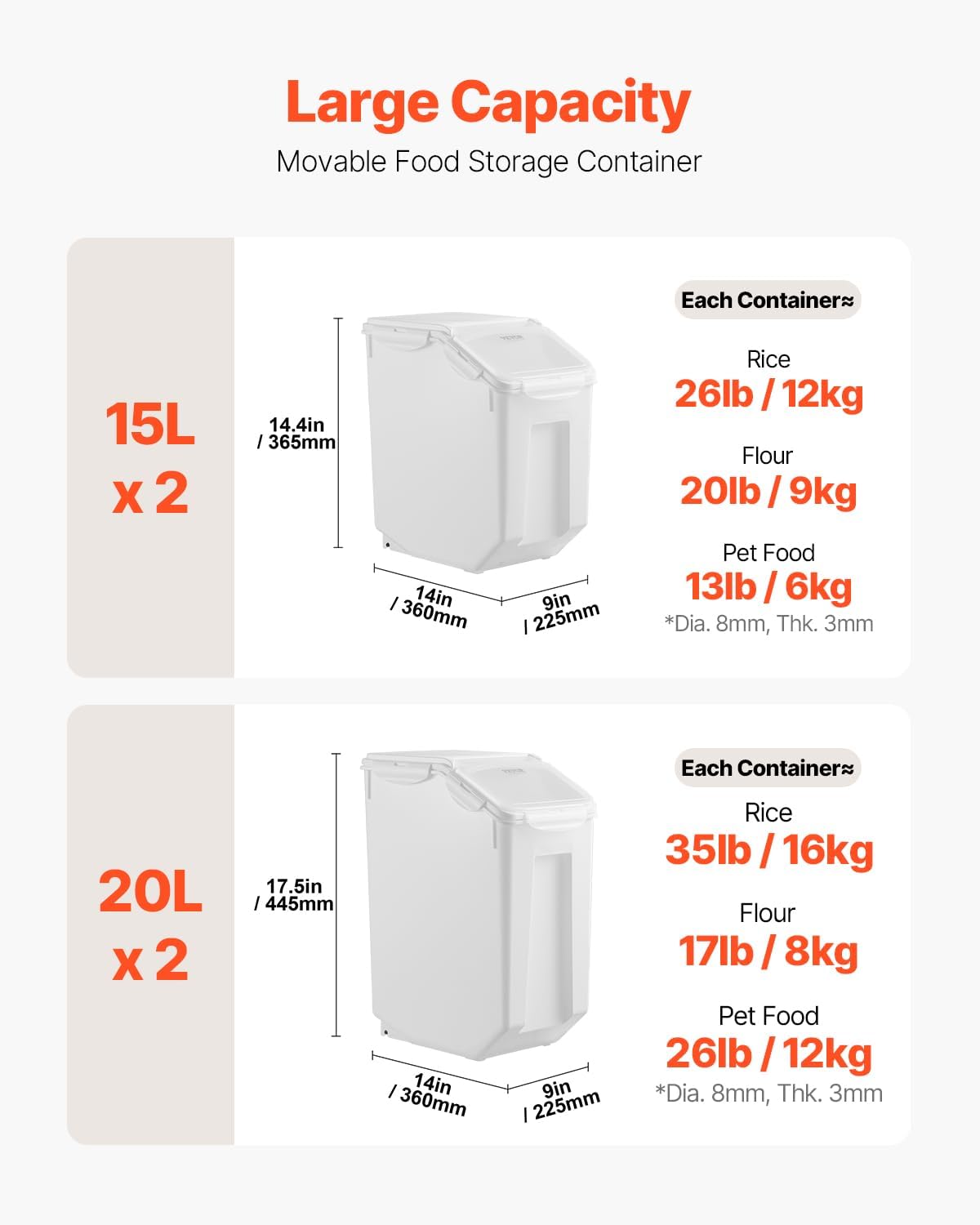 VEVOR Rice Storage Container, 4.5Gallon/20L Capacity Large Dog Food Dispenser Bin, Kitchen Ingredient Grain Cereal Flour Bin, Pet food Containers with Wheels, Measuring Cup, Airtight Lid, 1 Pack