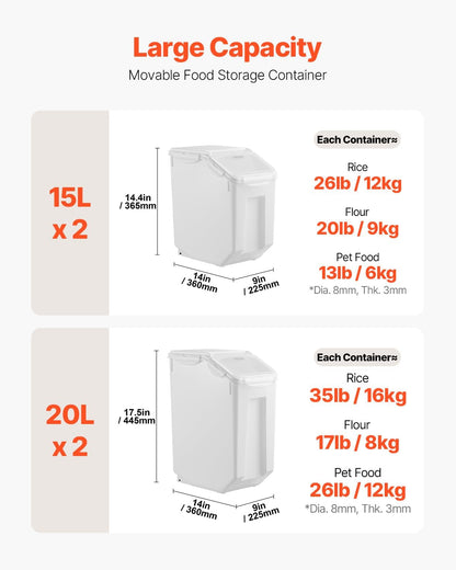 VEVOR Rice Storage Container, 4.5Gallon/20L Capacity Large Dog Food Dispenser Bin, Kitchen Ingredient Grain Cereal Flour Bin, Pet food Containers with Wheels, Measuring Cup, Airtight Lid, 1 Pack