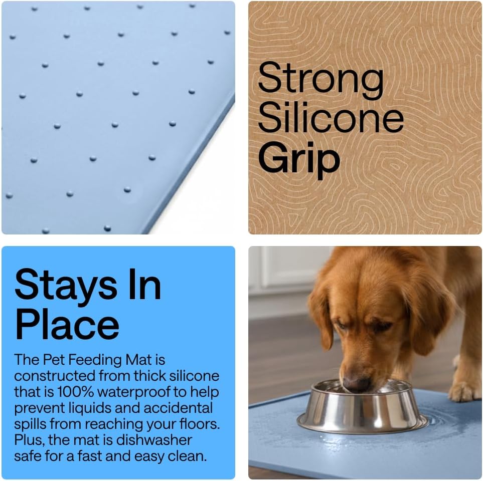 GORILLA GRIP 100% Waterproof Raised Edge BPA Free Silicone Pet Feeding Mat, Dog Cat Food Mats Contain Spills Protects Floors, Placemats for Cats and Dogs Water Bowl, 18.5x11.5, Gray