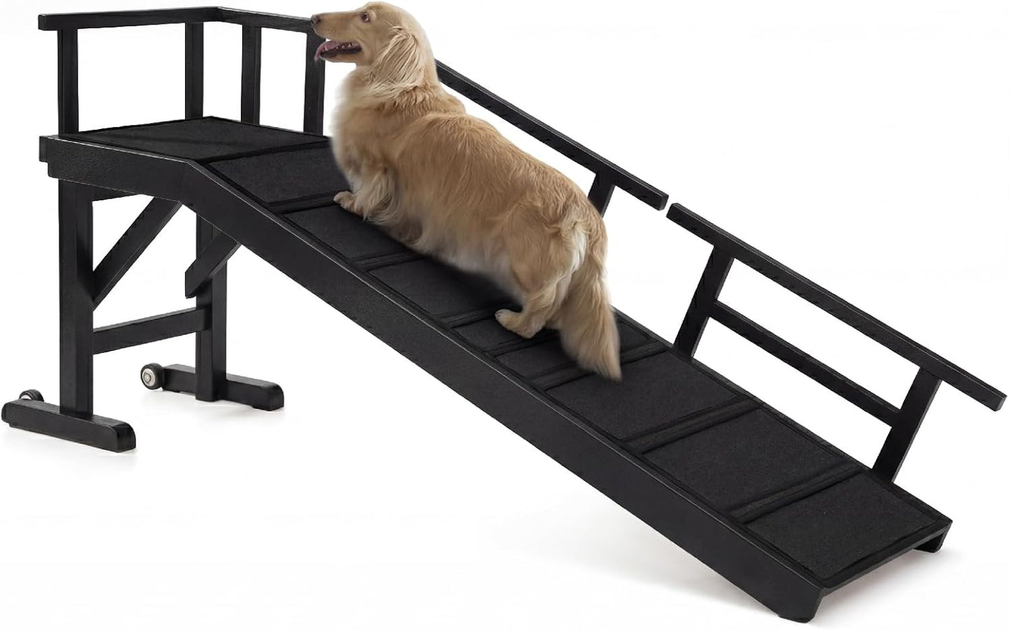 Dog Ramp for Bed or Couch, Wooden Pet Ramp with 20° Gentle Slope, Removable Side Rails, Non-Slip Surface, Top Platform & Wheels, Safe Bed Ramp for Small, Large & Senior Dogs, 60" Long, Mahogany