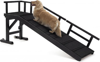 Dog Ramp for Bed or Couch, Wooden Pet Ramp with 20° Gentle Slope, Removable Side Rails, Non-Slip Surface, Top Platform & Wheels, Safe Bed Ramp for Small, Large & Senior Dogs, 60" Long, Mahogany