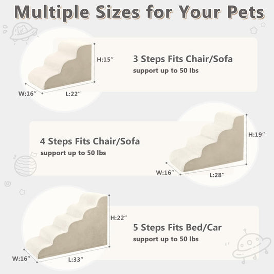 Dog Stairs Ramp, Curved 3-Step Dog Steps for Small Dogs and Cats, Pet Stairs for High Beds and Couch with Anti-Slip Washable Cover and Durable High Density Foam, Dark Grey