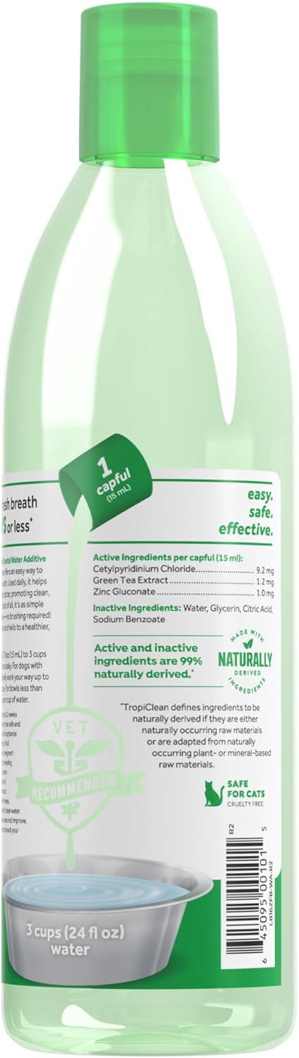 TropiClean Fresh Breath Water Additive for Dogs, Dog Breath Freshener and Teeth Cleaning Solution, No Toothpaste or Toothbrush Required, 16oz.