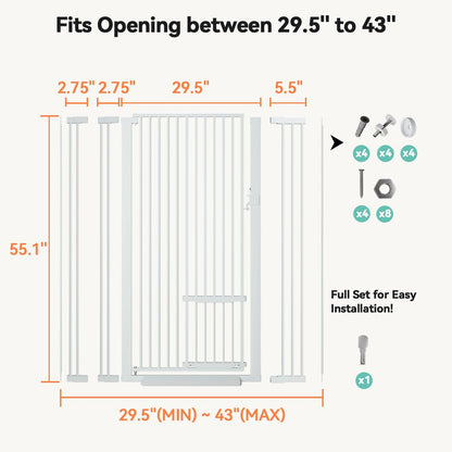 COMOMY 55.1" Extra Tall Pet Gate for Cats, Extra Wide Cat Gate with Adjustable Cat Door, Pressure Mounted Easy Walk Through Pet Gate with Door for Stairs, Doorways, Kitchen(White, 29.5-40.6")