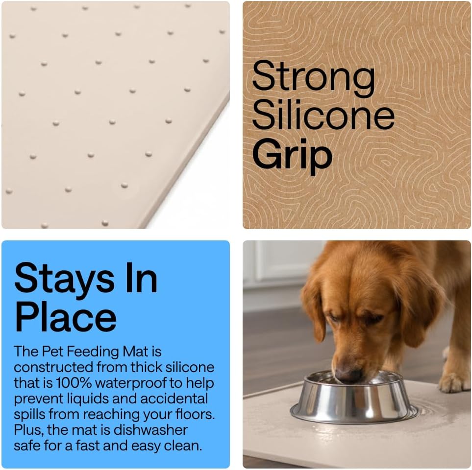 GORILLA GRIP 100% Waterproof Raised Edge BPA Free Silicone Pet Feeding Mat, Dog Cat Food Mats Contain Spills Protects Floors, Placemats for Cats and Dogs Water Bowl, 18.5x11.5, Gray