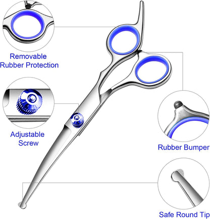 FAIGEO Dog Grooming Scissors with Safety Round Tips Stainless Steel Professional Dog Grooming Kit - Thinning, Curved Scissors and Comb for Cat Pet (Pink 4 in 1)