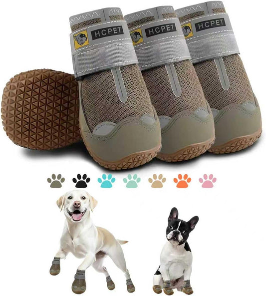 Hcpet Dog Shoes for Dogs, Dog Booties for Dogs, Anti-Slip Dog Boots & Paw Protectors for Hot Pavement Winter Snow Hiking with Reflective Straps Khaki Size 6, 4PCS