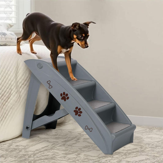 LEMY Non-Slip Foldable Steps Stairs for Dogs and Cats, 4-Step Portable Indoor Outdoor Pet Steps Ramp for Bed, Couch, Car, Tan