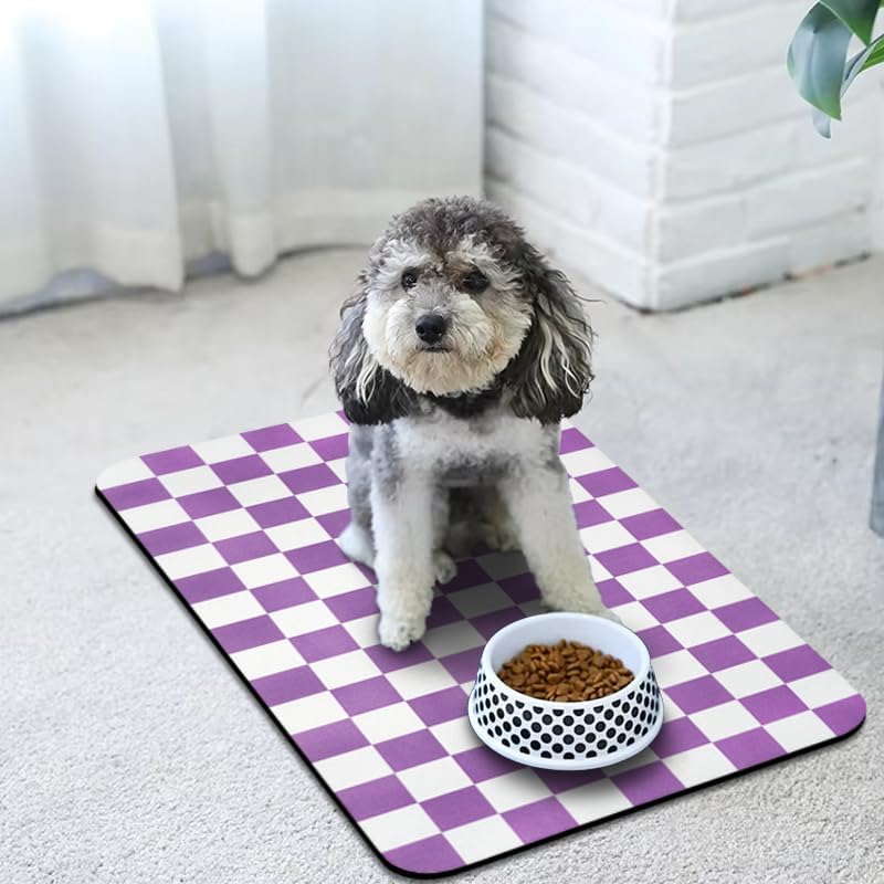 Dog Food Mats for Floors Waterproof, Pet Water Bowl Mats Pet Feeding Absorbent Placemats Plaid 12 * 20 inch