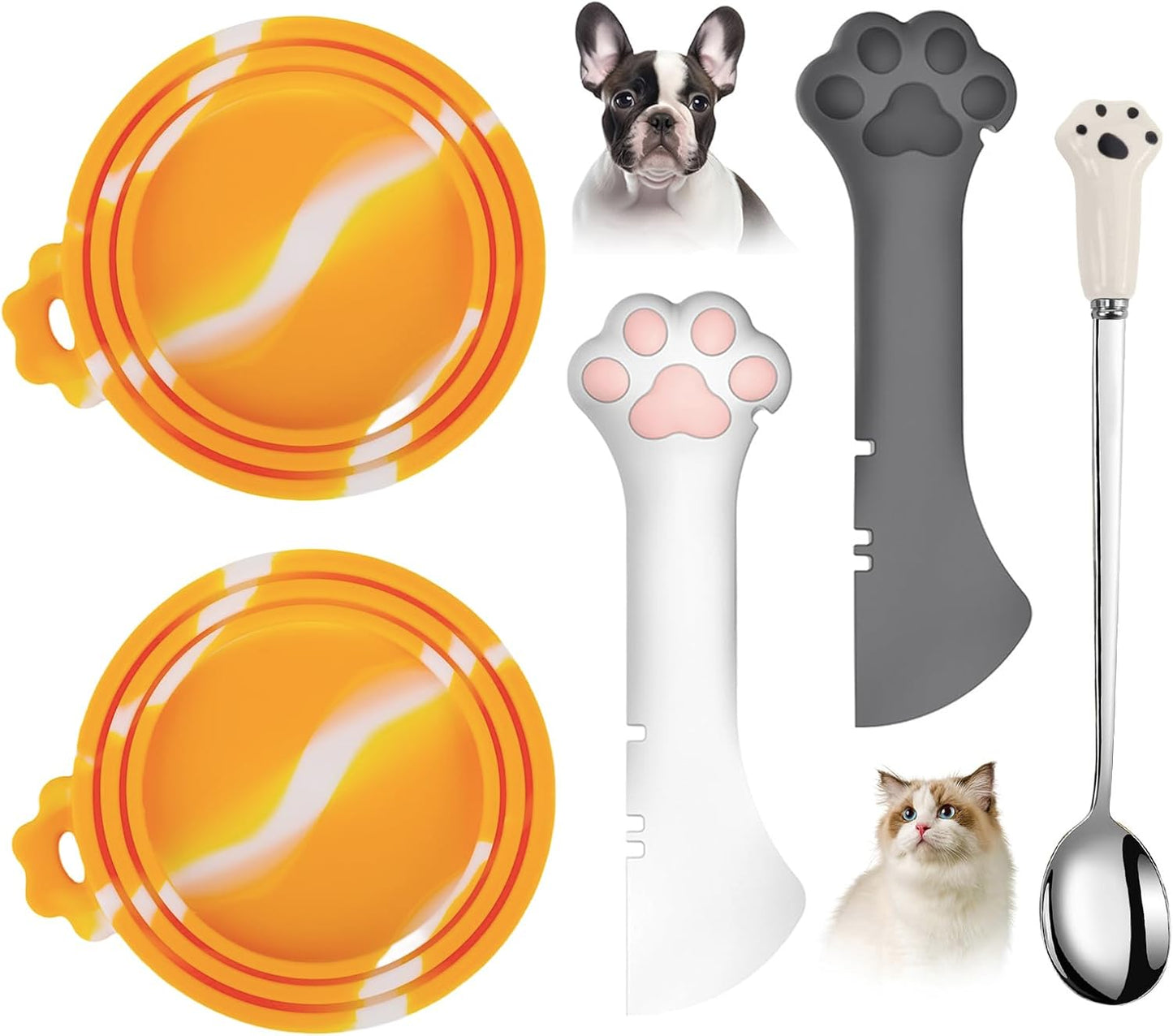 Comtim 5 PCS Pet Food Can Lids & Spoons Set - Silicone Dog Cat Covers With Multi-Function Spatula Opener for Wet Food - Long Handle Easy to Scoop