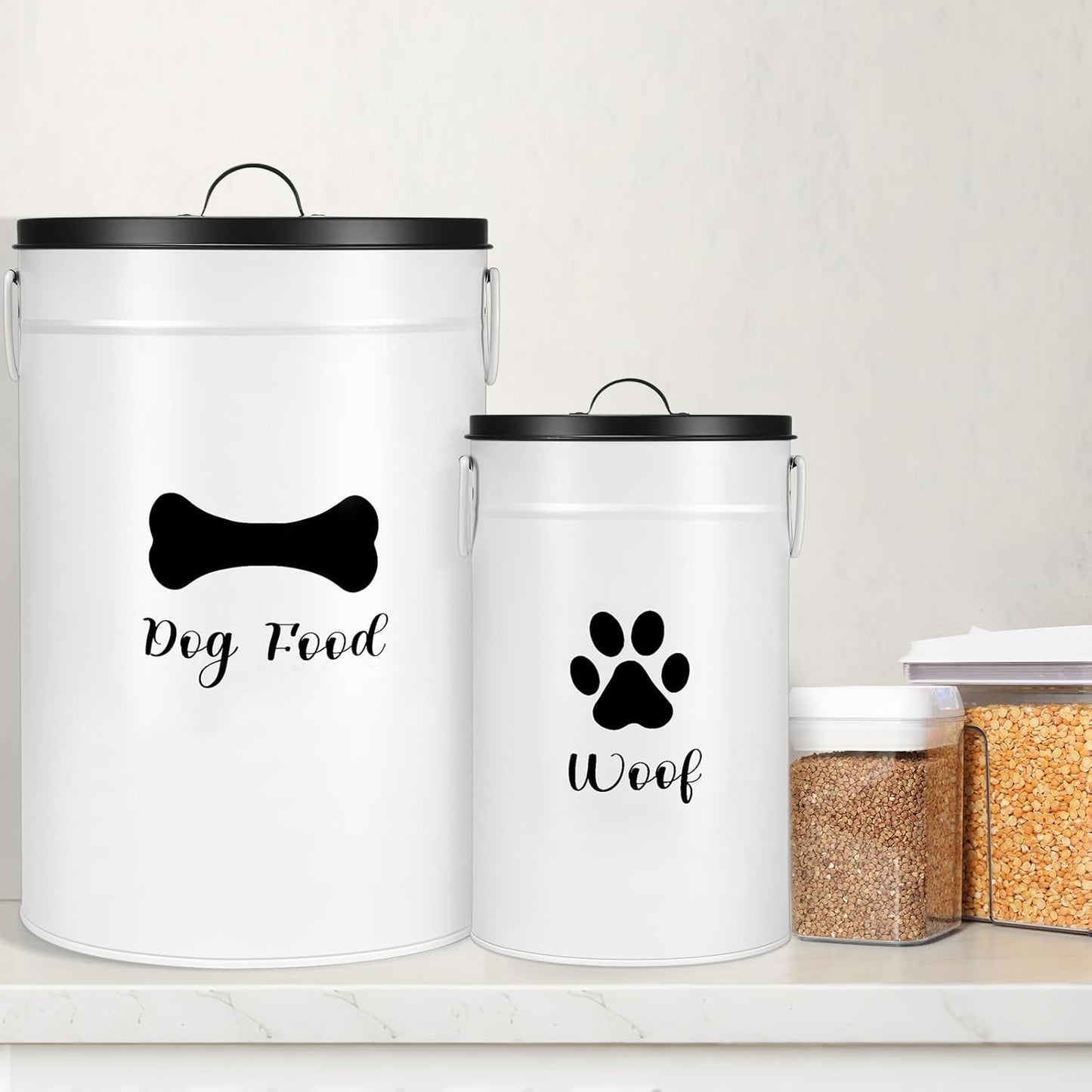DoubleFill Extra Large 23+10 lbs Metal Dog Food Storage Containers Set of 2 Airtight Dog Treat Snack Jars with Lids and Spoon Farm House Style Big Pet Cookie Jar for Kitchen Counter Gift
