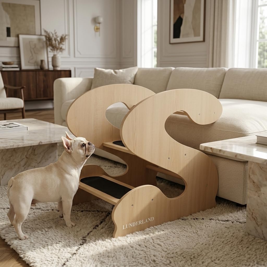 Wooden Dog Stairs Steps for Bed,3Steps,Small or Senior Dogs for Pet LUNDERLAND Design,16¾"Wx23¼Dx19⅜H RedWalnutWood GrainPattern