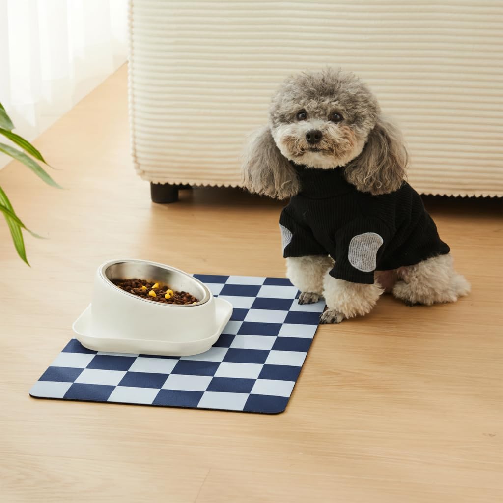 Checkered Dog Feeding Mat, Absorbent Mats for Dog Food and Water Bowl, Dispenser, Retro Aesthetic Khaki Beige Checkerboard Pet Placemat for Dogs, Cats, Puppy Accessories, 12" X 19”