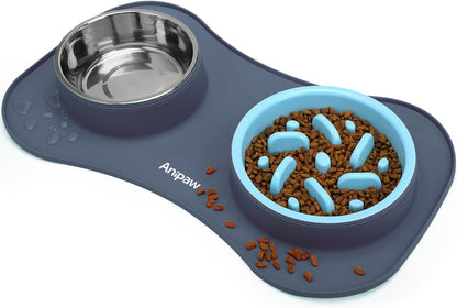Anipaw Slow Feeder Dog Bowls 3 in 1 Stainless Steel Food and Water Bowls with Non-Spill and Skid Silicone Mat to Slow Down Eating for Large Medium Small Breed Size Dogs and Cats