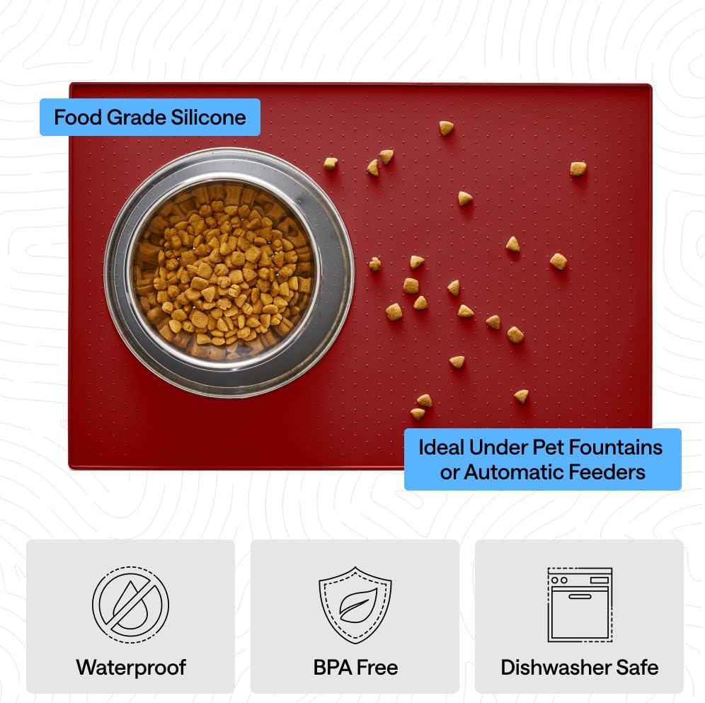 GORILLA GRIP 100% Waterproof Raised Edge BPA Free Silicone Pet Feeding Mat, Dog Cat Food Mats Contain Spills Protects Floors, Placemats for Cats and Dogs Water Bowl, 18.5x11.5, Gray