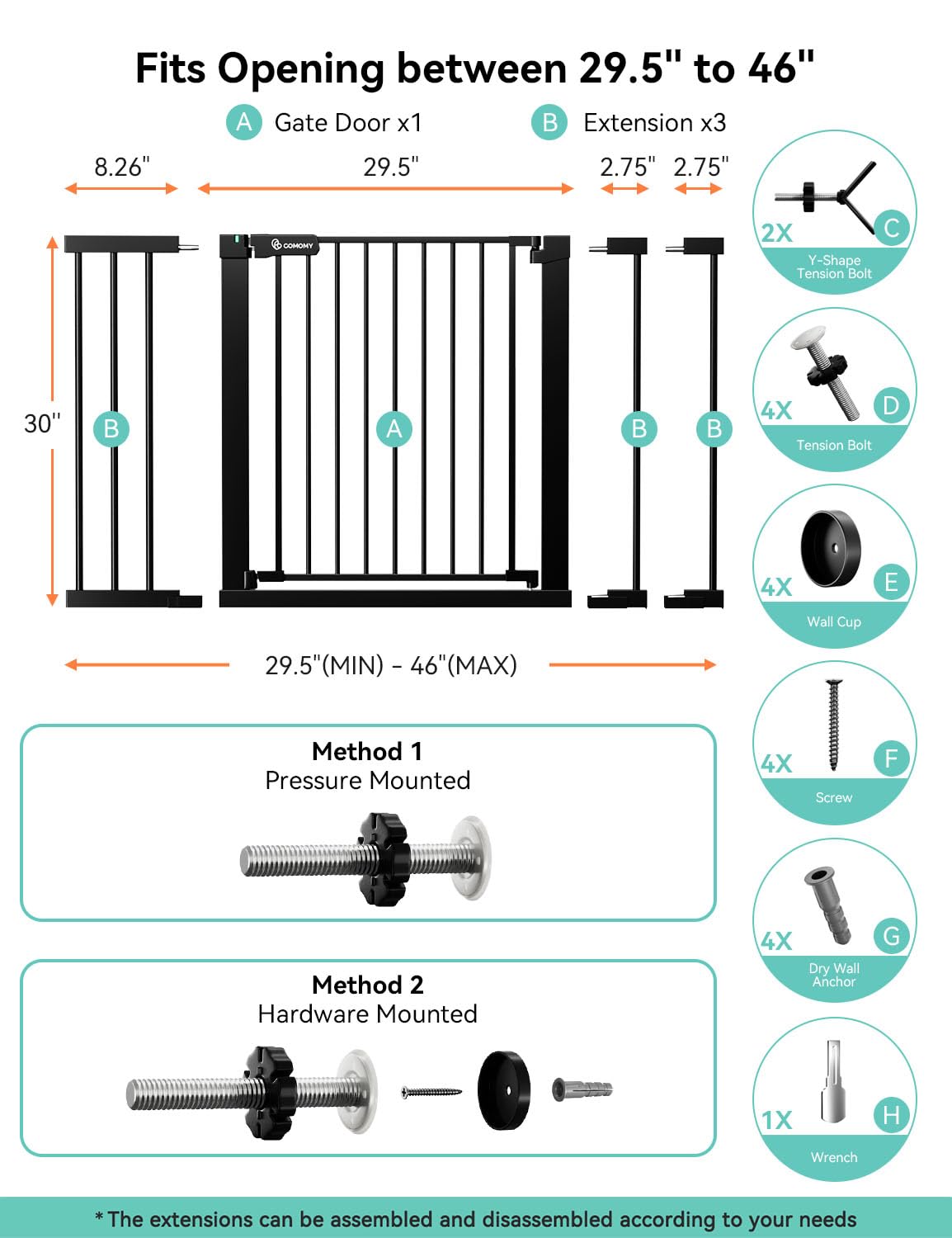 COMOMY 36" Extra Tall Baby Gate for Stairs and Doorways - Fits 29.5" to 48.8" Wide Openings, Auto Close Extra Wide Dog Gate for House, Pressure Mounted Easy Walk Through Pet With Door, Black
