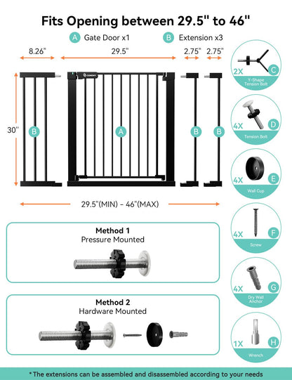 COMOMY 36" Extra Tall Baby Gate for Stairs and Doorways - Fits 29.5" to 48.8" Wide Openings, Auto Close Extra Wide Dog Gate for House, Pressure Mounted Easy Walk Through Pet With Door, Black