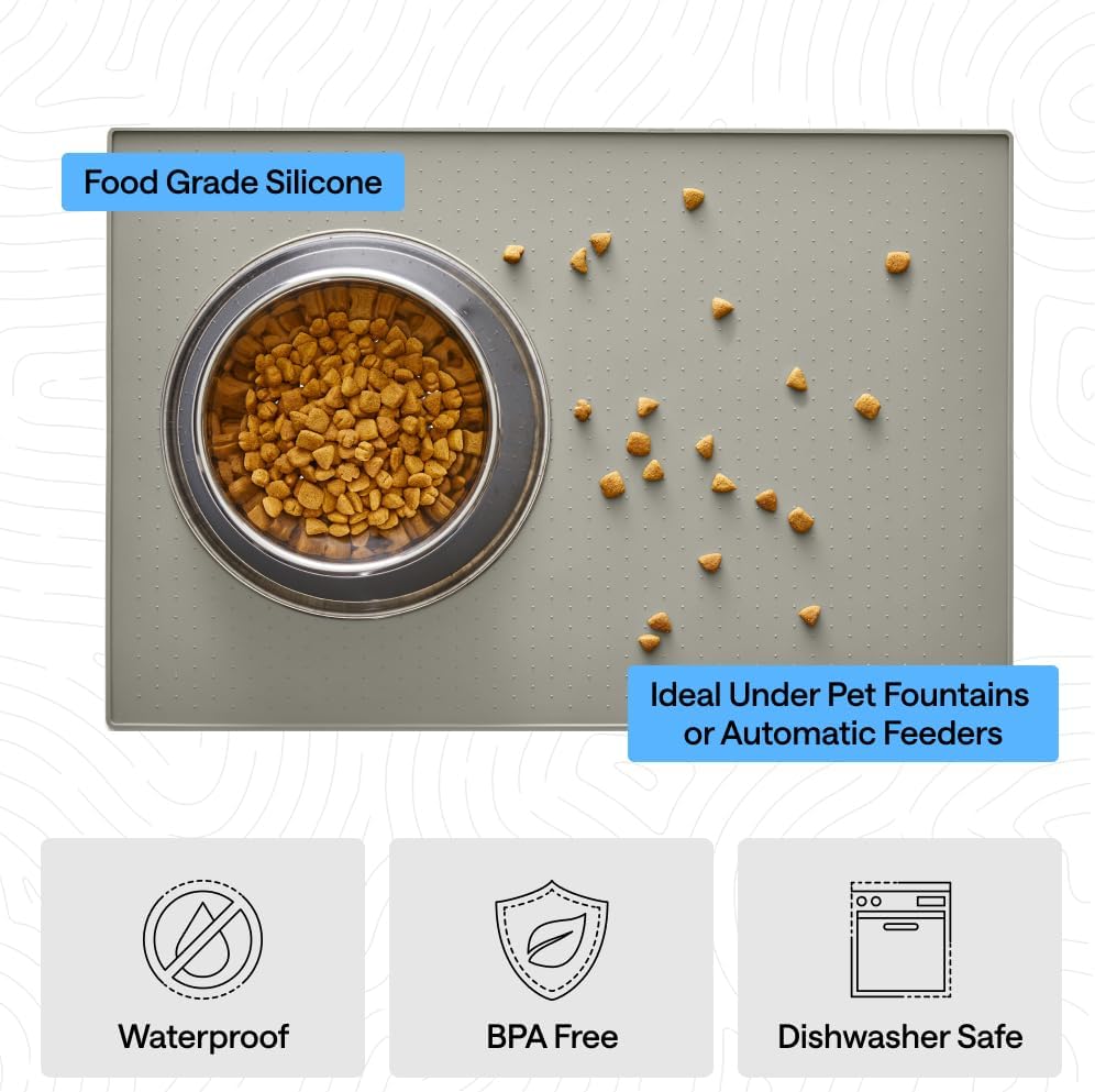 GORILLA GRIP 100% Waterproof Raised Edge BPA Free Silicone Pet Feeding Mat, Dog Cat Food Mats Contain Spills Protects Floors, Placemats for Cats and Dogs Water Bowl, 18.5x11.5, Gray