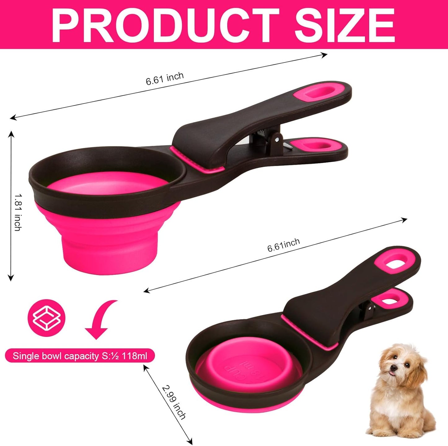 Collapsible Silicone Dog Food Scoop Foldable Pet Food Measuring Cup with Bag Clip 3 in 1 Multi-Function Silicone Dog Food Scooper (Rose Red, Medium)