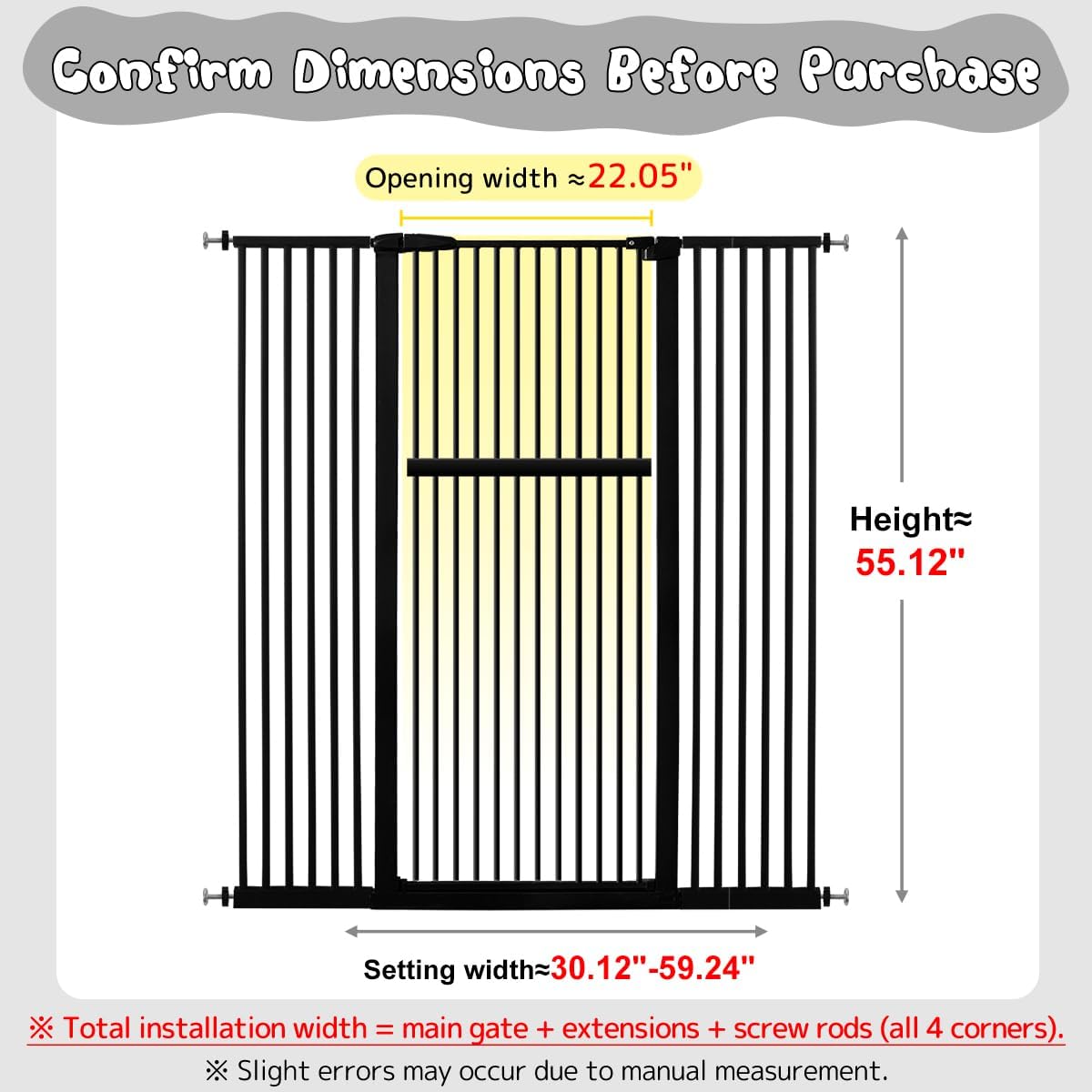 Lumizone Extra Tall Cat Gate 61.02" High Pressure Mounted Extra Wide 30.12"-34.05" (17Sizes) 1.37" Gap No Drilling Auto-Close Tall Pet Gate for Dogs (Black, 30.12"-34.05" W)