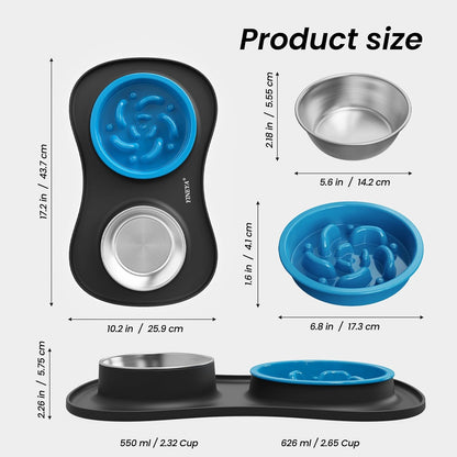 YINEYA 3 in 1 Slow Feeder Dog Bowls & Stainless Steel Food and Water Bowl with Non-Spill Dog Bowl Mat, Anti-Choking Puppy Bowls, Floor Safe & Easy Clean for Large Medium Small Dogs Cats