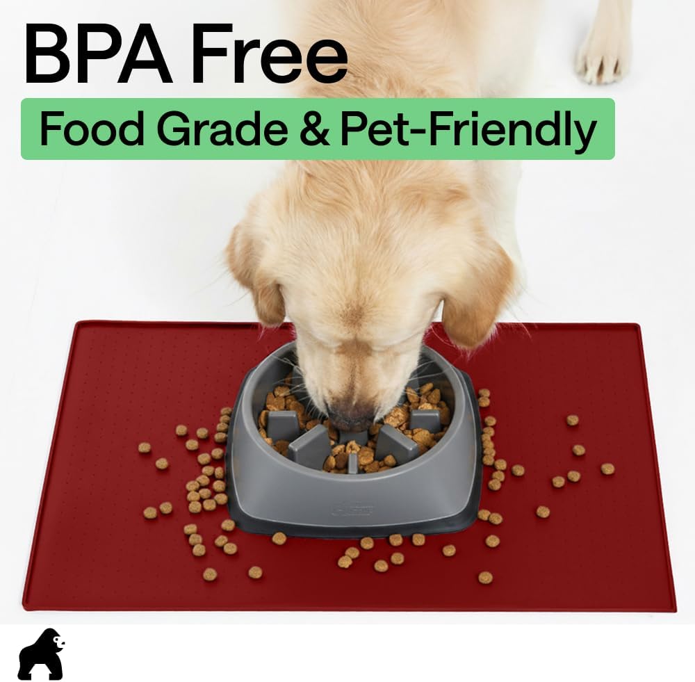 GORILLA GRIP 100% Waterproof Raised Edge BPA Free Silicone Pet Feeding Mat, Dog Cat Food Mats Contain Spills Protects Floors, Placemats for Cats and Dogs Water Bowl, 18.5x11.5, Gray