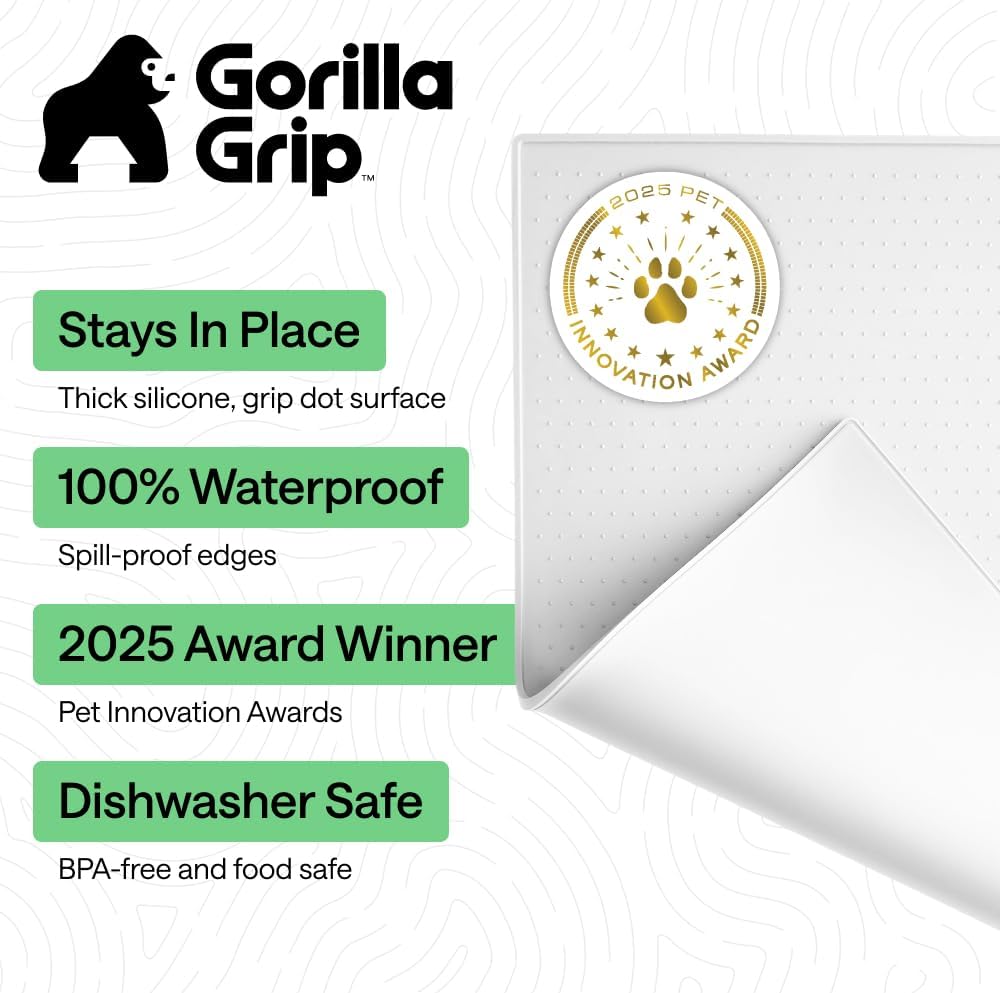 GORILLA GRIP 100% Waterproof Raised Edge BPA Free Silicone Pet Feeding Mat, Dog Cat Food Mats Contain Spills Protects Floors, Placemats for Cats and Dogs Water Bowl, 18.5x11.5, Gray