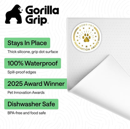 GORILLA GRIP 100% Waterproof Raised Edge BPA Free Silicone Pet Feeding Mat, Dog Cat Food Mats Contain Spills Protects Floors, Placemats for Cats and Dogs Water Bowl, 18.5x11.5, Gray