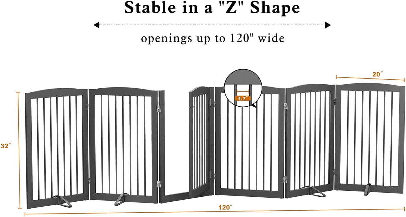 PUPETPO Freestanding Dog Gate with Door, Pet Gate for Stairs, 80 inch Wide Pet Barrier Indoor, Dog Fences Indoor, Support Feet Included, 4 Panels, 24" Tall, Dark Brown