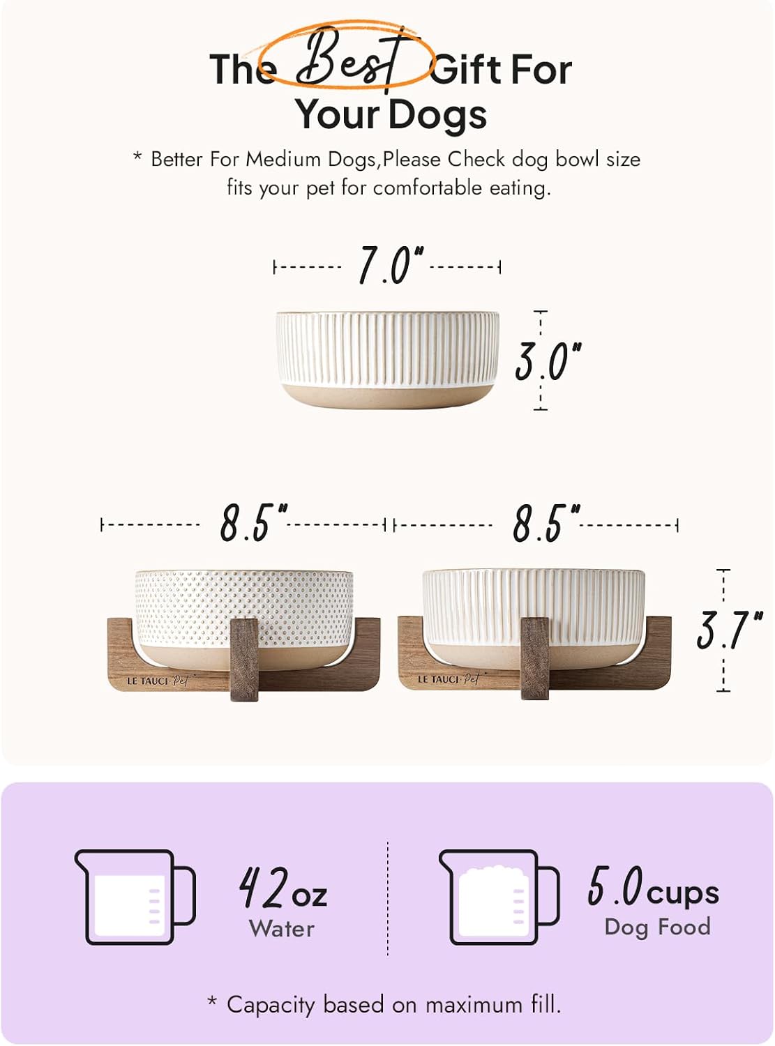 LE TAUCI PET Ceramic Dog and Cat Bowl Set with Acacia Wood Stand - 2 Cup Weighted Non-Slip Food and Water Bowls for Small Dogs & Cats, Lines + Dot