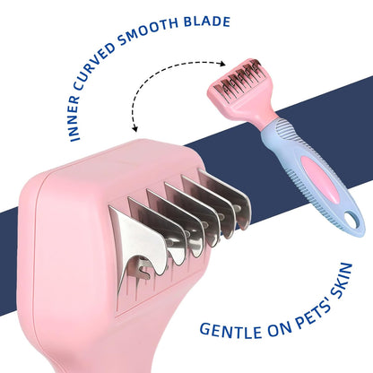 HOP Pink Professional Pet Dematting Comb with Handle Stainless Steel Dematting Fur Rake Brush Pet Grooming Tool for Long-Haired Dogs and Cats Remove Loose Hair Mats Knots Tangles