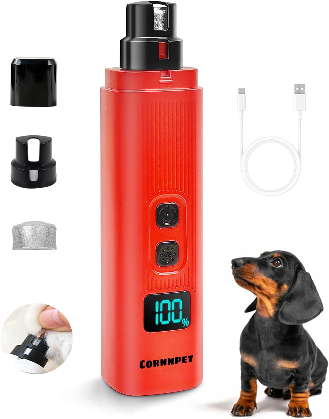 Electric Dog Nail Grinder with 2 Level LED Lights, 2 Speed 30dB Super Quiet and Low Vibration Turbo Charge Pet Nail Grinder for Small Dogs and Cats - White