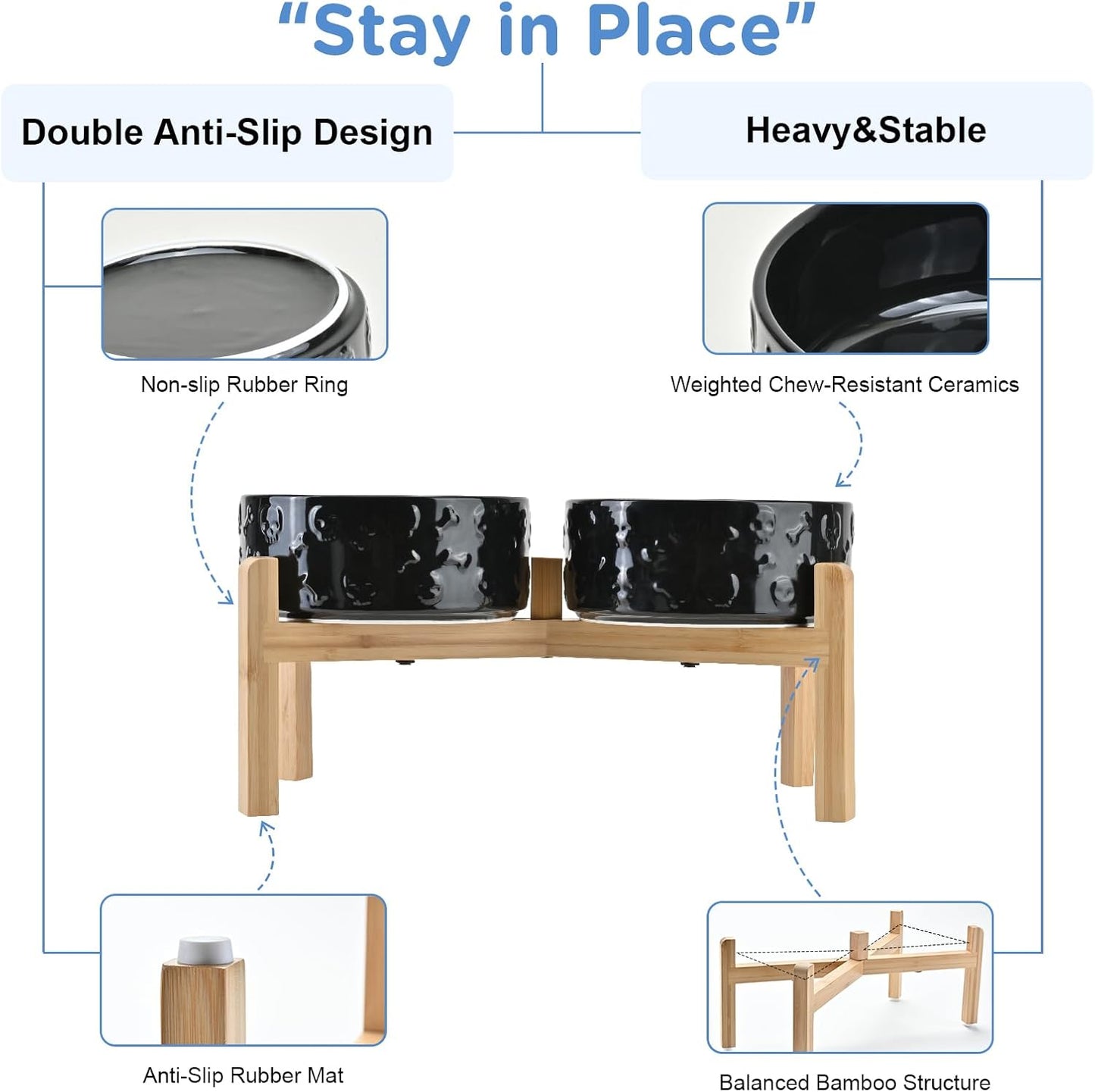 SPUNKYJUNKY Elevated Dog Bowls Ceramic, 6.1'' Dogs and Cat Food Water Bowls Raised with Non-Slip Bamboo Stand for Medium Sized Breed Microwave Dishwasher Safe - 28.7 OZ,Beige