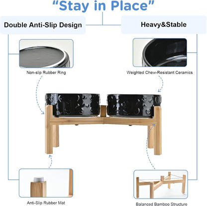 SPUNKYJUNKY Elevated Dog Bowls Ceramic, 6.1'' Dogs and Cat Food Water Bowls Raised with Non-Slip Bamboo Stand for Medium Sized Breed Microwave Dishwasher Safe - 28.7 OZ,Beige