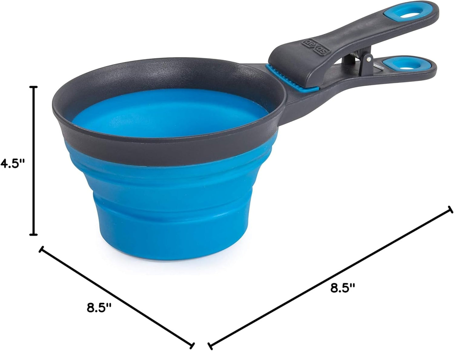 Dexas Pets Collapsible KlipScoop Collapsible Dry Dog Food Scoop and Dog Food Bag Clip, 1 Cup Capacity, Pro Blue
