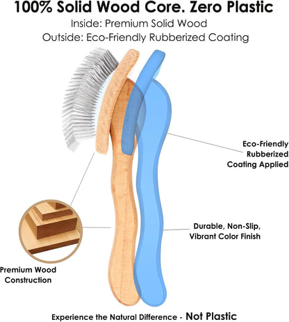 Slicker Brush for Doodles and Poodles - 2-Piece Solid Wood Dog Grooming Set with Extra Long Pin Dematting Tool and Metal Comb for Curly, Matted & Thick Hair, Purple