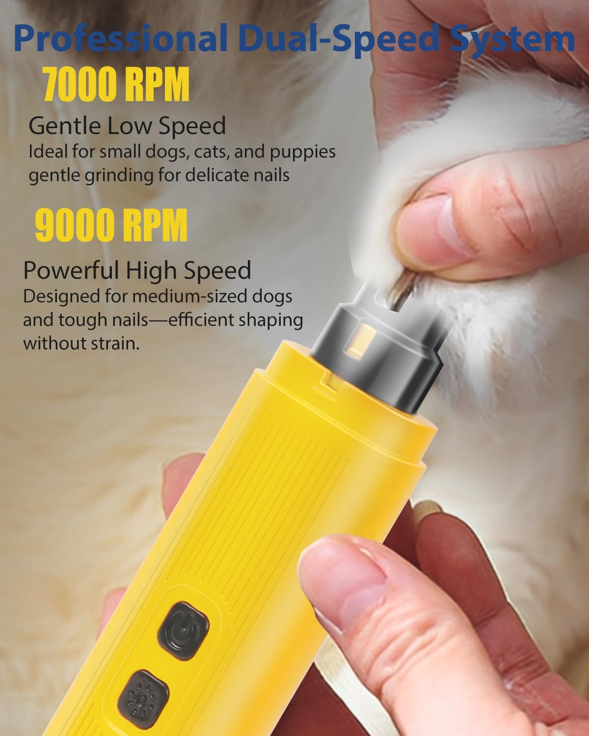 Electric Dog Nail Grinder with 2 Level LED Lights, 2 Speed 30dB Super Quiet and Low Vibration Turbo Charge Pet Nail Grinder for Small Dogs and Cats - White