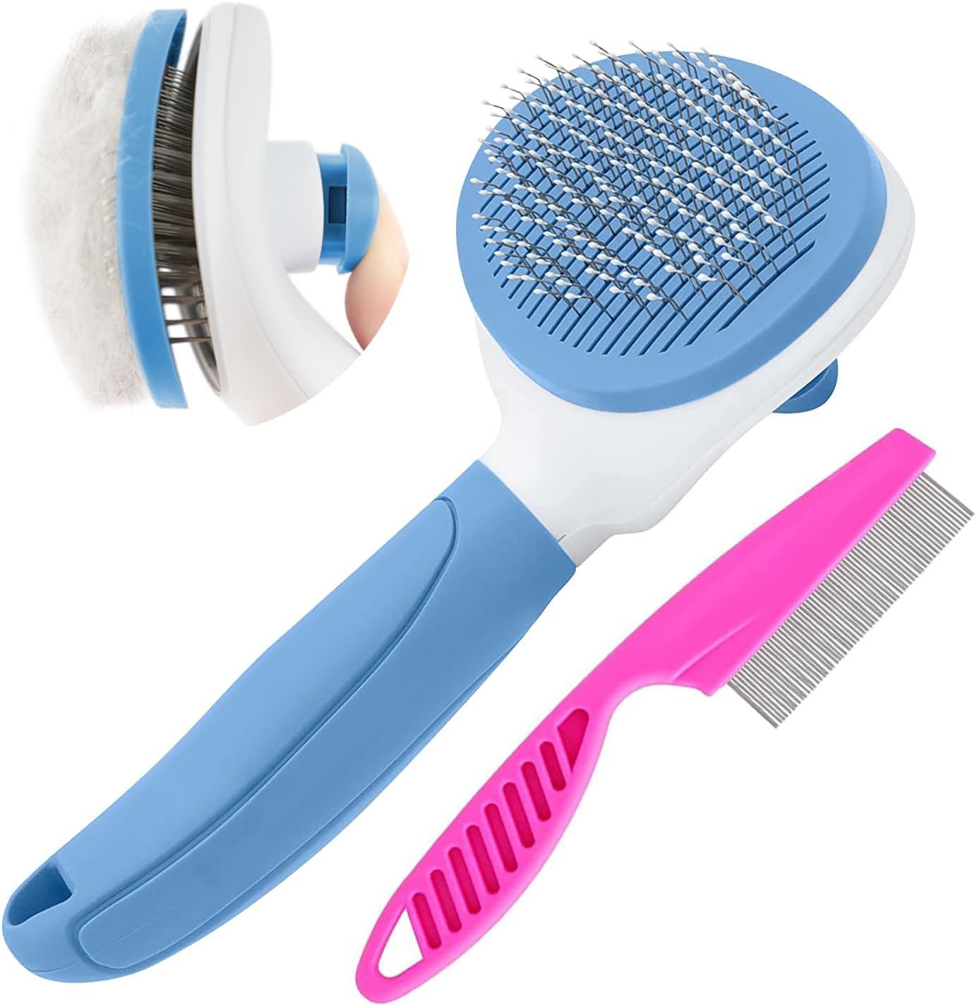 Cat Brushes for Indoor Cats, Dog Brush for Shedding with Metal Cat Comb, Self Cleaning Pet Hair Brush with Release Button for Grooming Kitten(Pink)