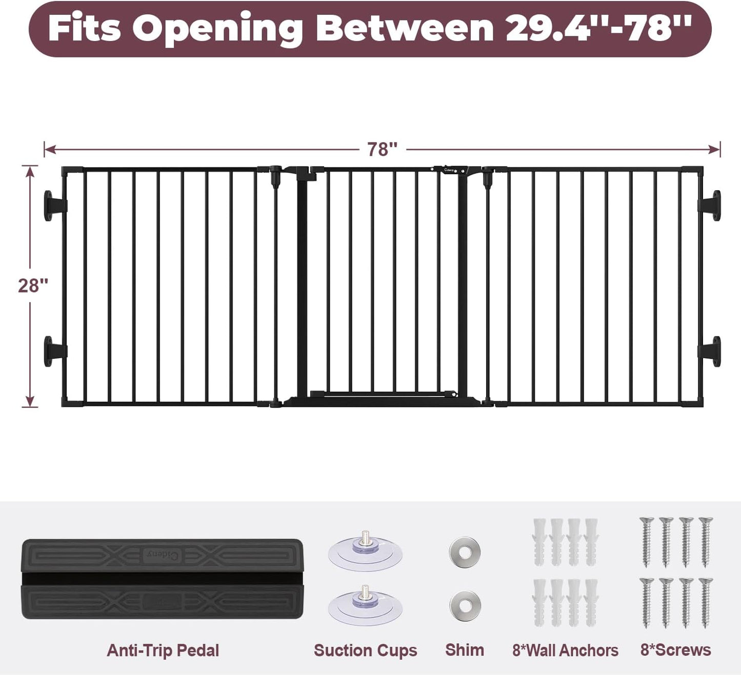29.4-78" Extra Wide Baby Gate, Long Dog Gates Indoor for Doorways Stairs, Essential Large Safety Gate for Child Toddler with Anti-Trip Pedal, Adjustable Pet Gate, 28" Tall 3 Metal Panels Black