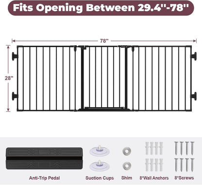 29.4-78" Extra Wide Baby Gate, Long Dog Gates Indoor for Doorways Stairs, Essential Large Safety Gate for Child Toddler with Anti-Trip Pedal, Adjustable Pet Gate, 28" Tall 3 Metal Panels Black