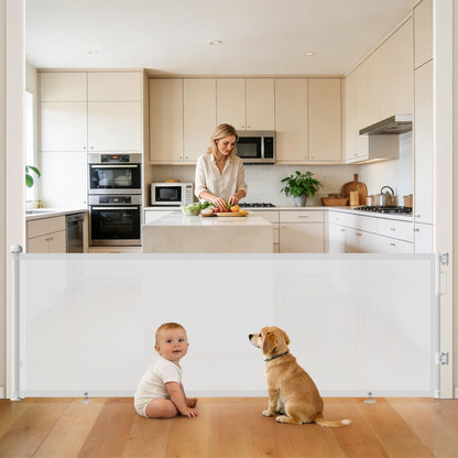Retractable Baby Gate for Stairs & Doorways, Mesh Dog Gate Indoor Outdoor, Extends to 55" Wide 34" Tall Child Gate for Hallways, Deck, Porch, Pet Toddler Safety Essentials, Easy Install, Grey