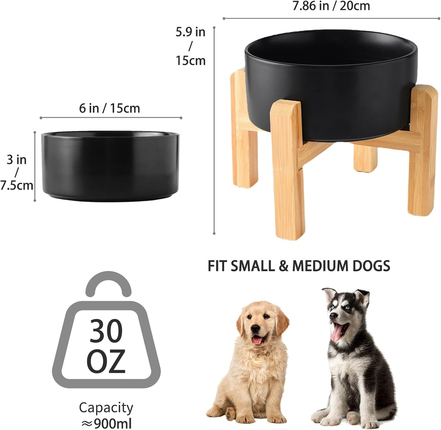 6'' Ceramic Raised Dog Bowl - 30Oz Dog Food & Water Bowl with Elevated Non-Slip Bamboo Stand, Dishwasher & Microwave Safe, Anti Vomiting Heavy Duty Pet Bowl for Small and Medium Dogs, White