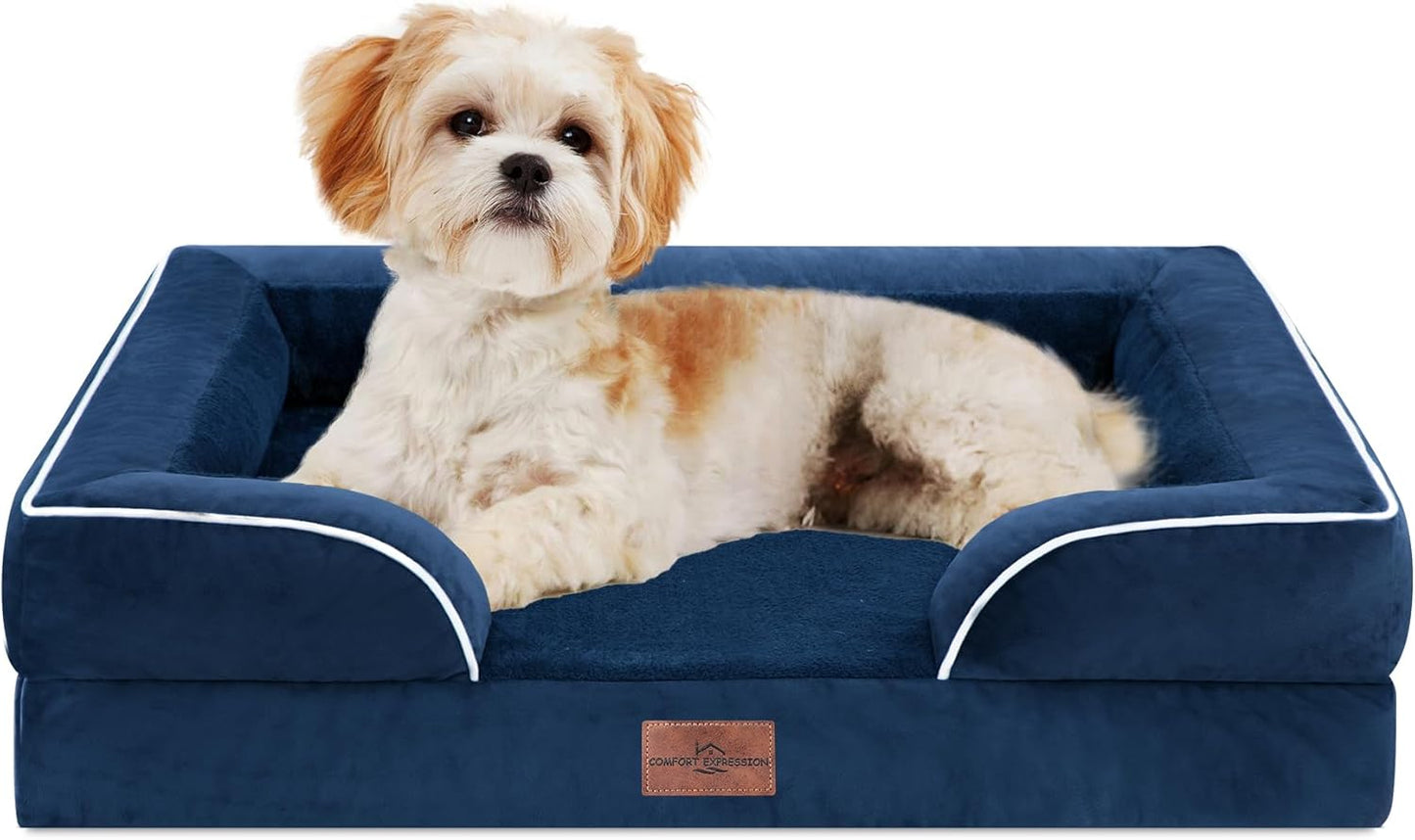 Comfort Expression Orthopedic Dog Bed for Extra Large Dogs 42x30 Inch, Waterproof Egg Crate Foam XL Pet Bed with Removable Bolsters, Dog Couch with Washable Cover & Non-Slip Bottom, Grey - Colors B