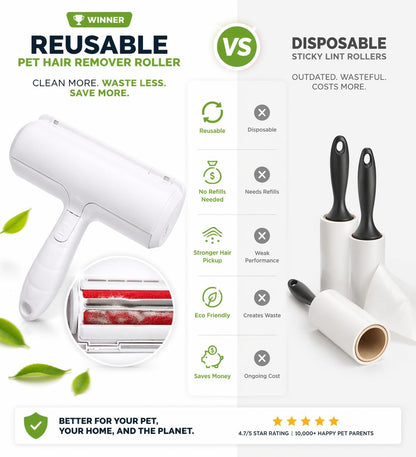 Reusable Pet Hair Remover Roller for Dogs & Cats, Self Cleaning Lint Roller, No Refills Needed for Couch, Furniture, Carpet, Clothes & Car
