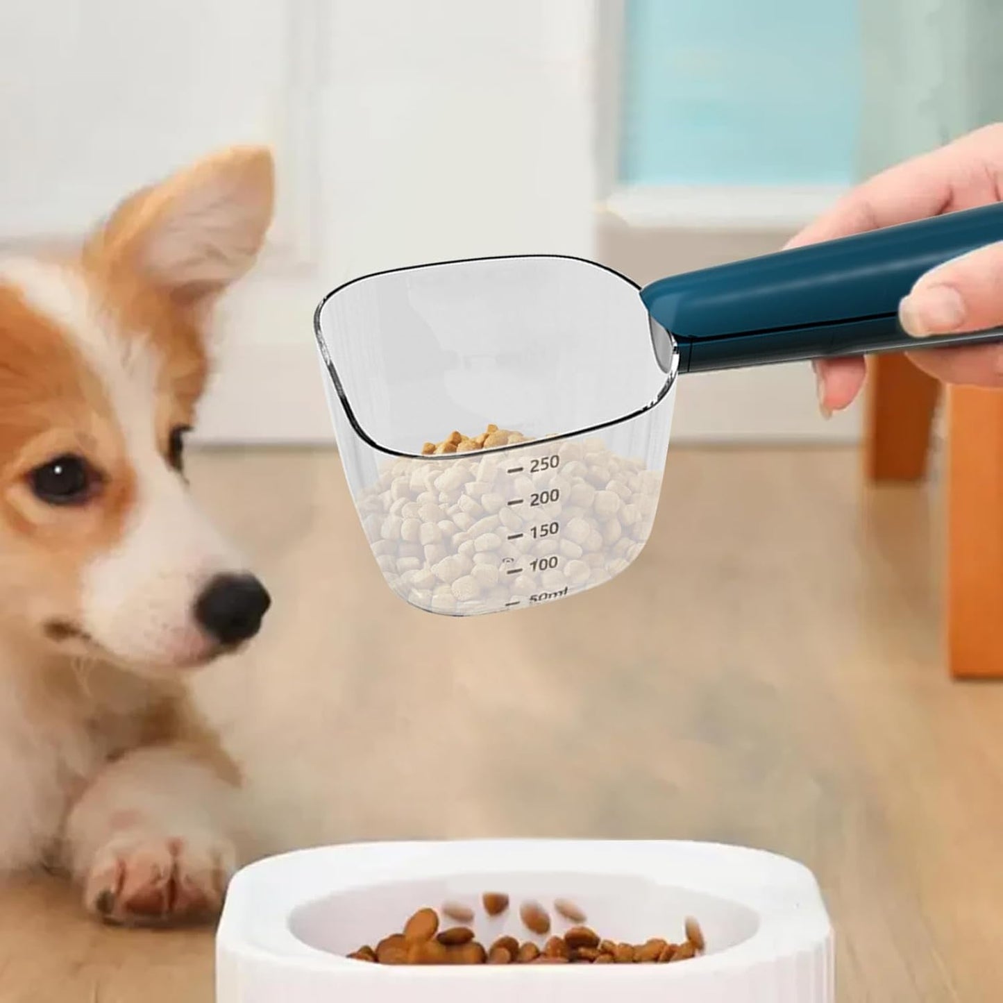 Food Storage, Dog Food Measuring Cup with Scale, Accurate Pet Scoop with Dog Bag Clips, Multi-Functional ABS Cat Spoon for Indoor, Travel Outdoor, Blue