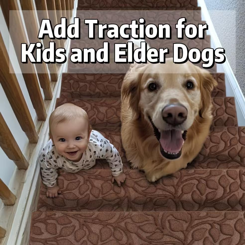 Aucuda Stair Treads Outdoor for Elders and Dogs on Wooden Steps, 30" x 8.5" (2pcs )Non Slip Stair Runner Rug Heat Insulation Rubber Backing, Gray Floral Staircase Mat Carpet for Indoor Grip Farmhouse.