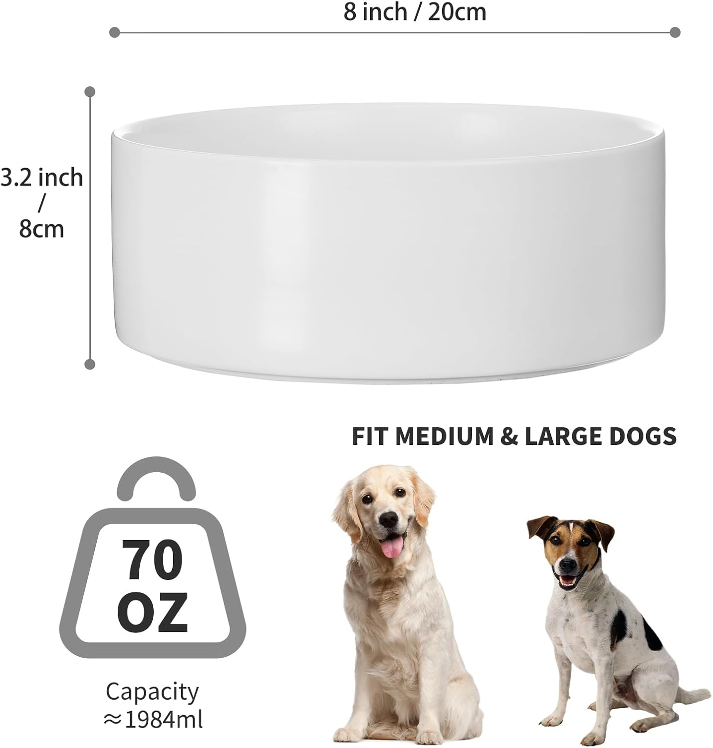 6'' Ceramic Raised Dog Bowl - 30Oz Dog Food & Water Bowl with Elevated Non-Slip Bamboo Stand, Dishwasher & Microwave Safe, Anti Vomiting Heavy Duty Pet Bowl for Small and Medium Dogs, White