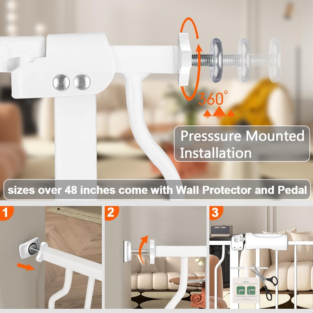 Fairy Baby Extra Wide Baby Gate for Dogs Pressure Monuted Safety Gate for Living Room, Fits 62 Inch to 67 Inch with No Drill Auto Close Dog Gate for Doorways, White