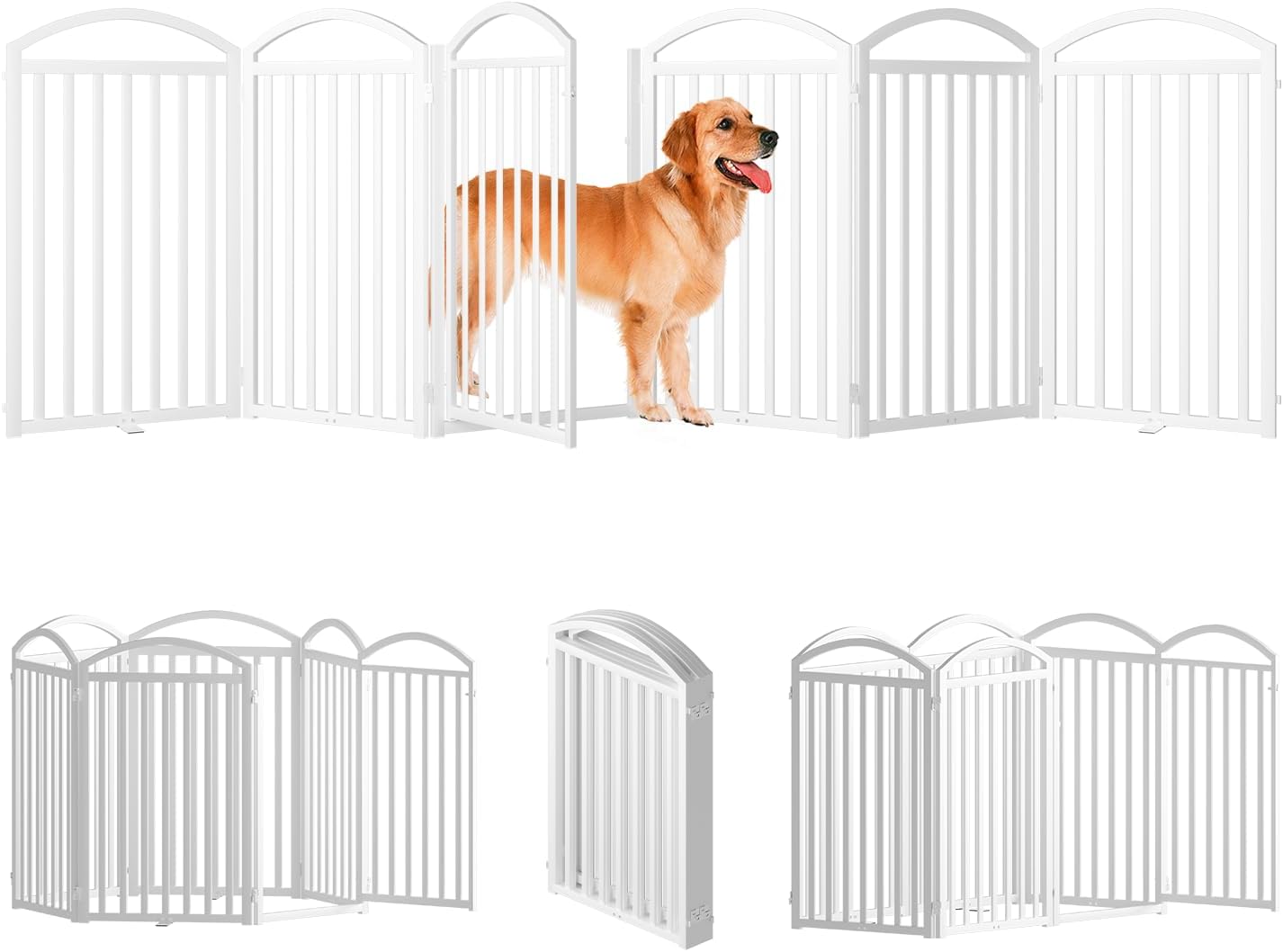 SNUOWU 4 Panels Full Matel Freestanding Dog Gates with Door, 96"Extra Wide 32"Tall Free Standing Dog Pet Gate for Indoor & Outdoor. Foldable Pet Fences for Doorways, House, Stairs, Porch, Deck, Yard