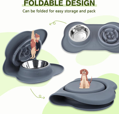 Pecute Slow Feeder Dog Bowls to Slow Down Eating, Dog Bowl Slow Feeder with No-Spill Non-Skid Silicone Mat, Food-Grade Safe Dog Food Bowls Slow Feeder, Stainless Steel Dog Water Bowl for Dogs Cats
